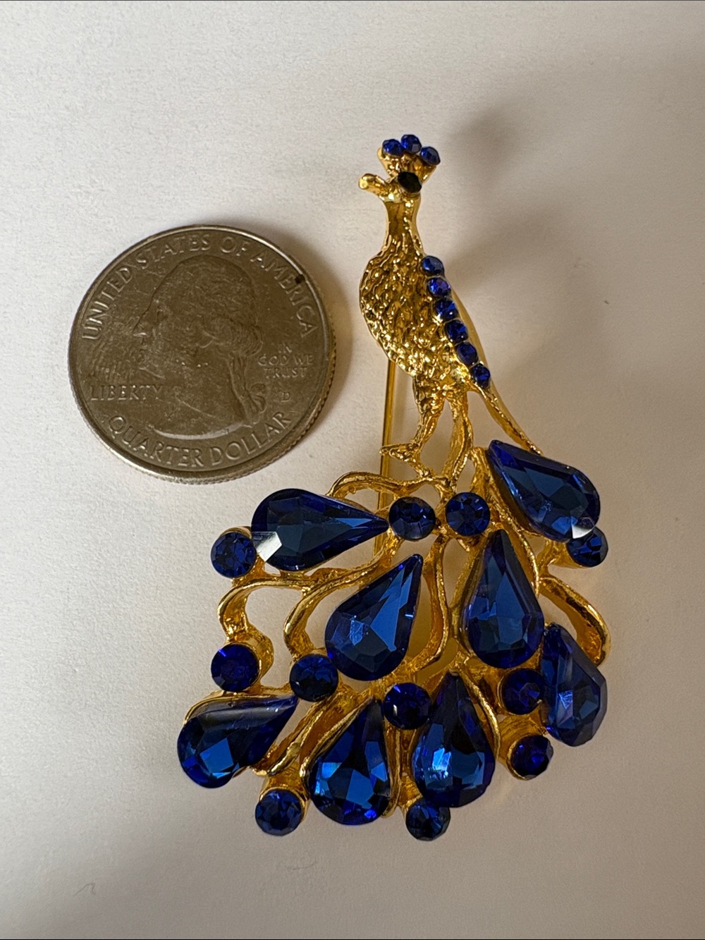 Gold Peacock Brooch with Royal Blue Crystal Accents - Picture 2 of 3